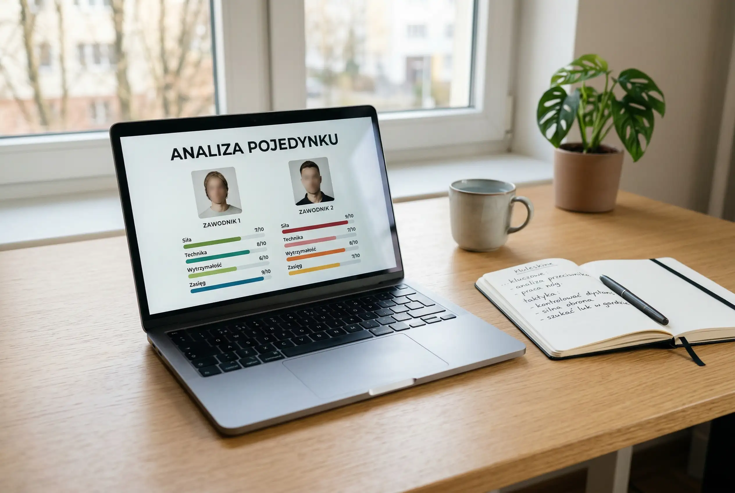 Ekran laptopa z analizą matchupu MMA i statystykami zawodników